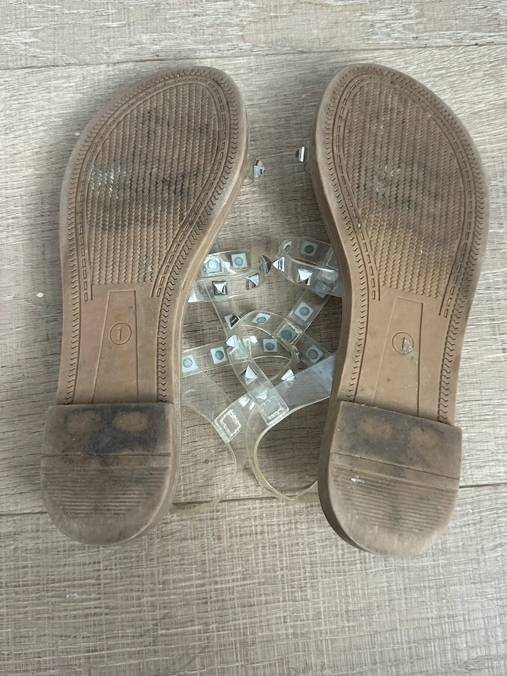 Steve Madden Clear T-Strap Studded Sandals - Silver Accents